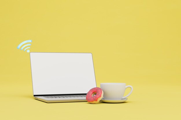 Aperitivo mientras trabaja en una computadora portátil con un ícono de WiFi, una taza de café y una dona en un fondo amarillo