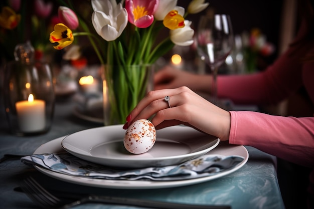 Aperitivo de Pascua fondo de la mesa de comida huevos de la cena de Pascua flores telón de fondo Feliz celebración de Pascua