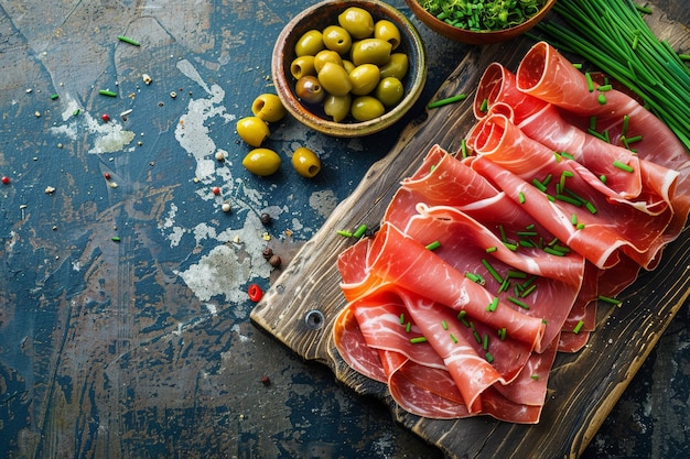 Foto aperitivo plato delicias que incluyen embutidos frescos hierbas frescas aceitunas y tomates