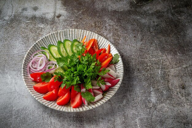 Un aperitivo en un restaurante, verduras variadas. Verduras en rodajas en capas en un plato con verduras contra una mesa de piedra gris