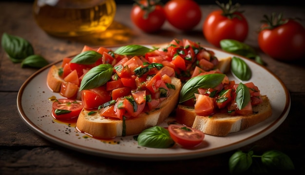 Aperitivo de tomate fresco y mozzarella en pan ciabatta generado por IA