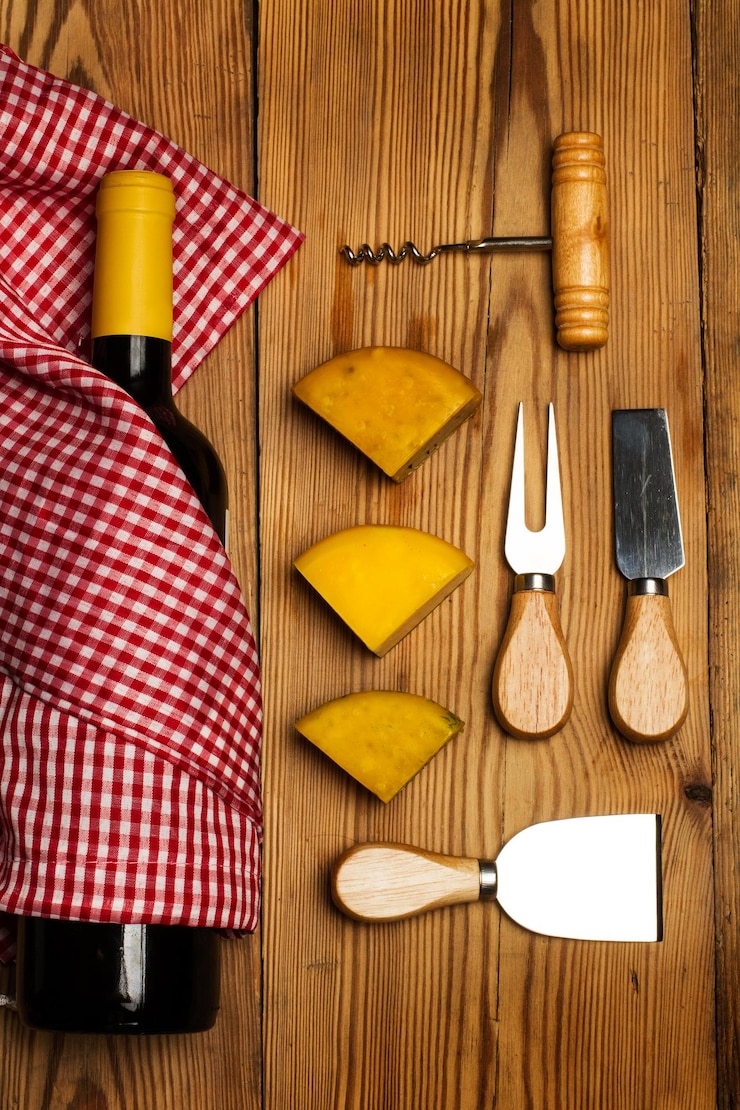Aperitivo con uvas de queso y vino tinto en una mesa de madera