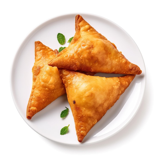 Aperitivos aislados de samosa de patata sobre fondo blanco Comida india de Ramadán Comida paquistaní de Iftar