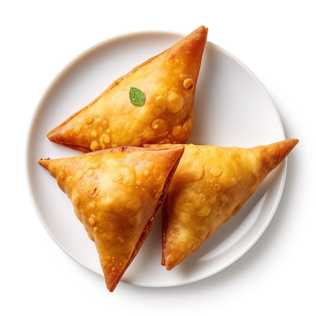 Aperitivos aislados de samosa de patata sobre fondo blanco Comida india de Ramadán Comida paquistaní de Iftar