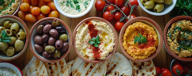 Foto aperitivos hummus baba ganoush y aceitunas