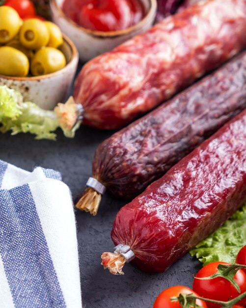 Aperitivos sabrosos productos de salami. De cerca