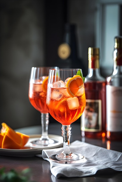 Aperol Spritz aperitivo con hielo y naranja en vaso sobre un fondo de hormigón Concepto de bebida refrescante de verano Aperitivo sobre un fondo oscuro AI generado