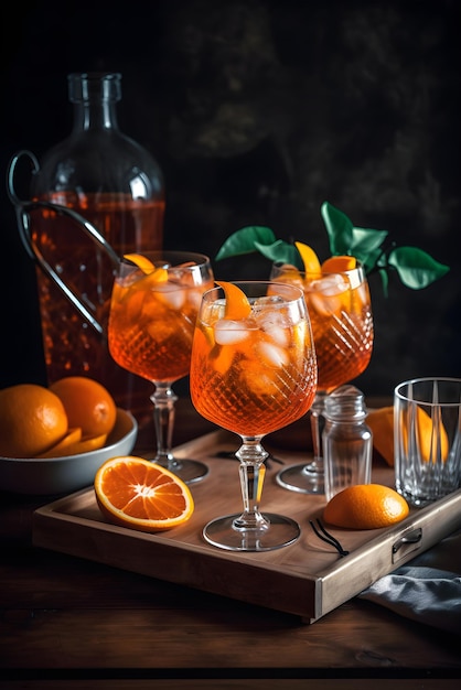 Aperol Spritz aperitivo con hielo y naranja en vaso sobre un fondo oscuro Concepto de bebida refrescante de verano Aperitivo sobre un fondo oscuro AI generado