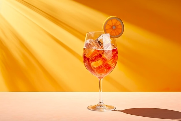 Aperol spritz bebida de verão em copo com sombras fundo tropical IA generativa