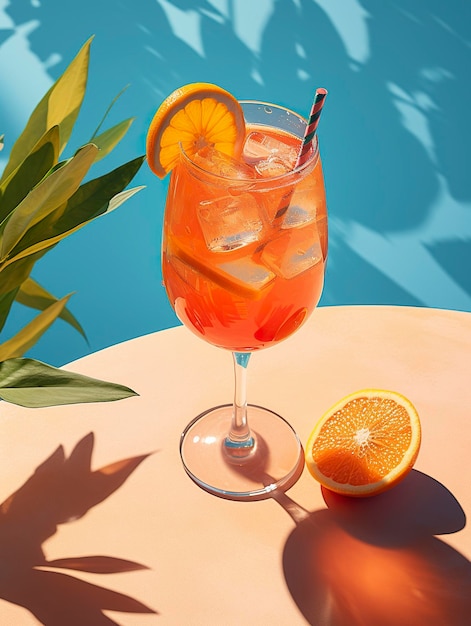 Aperol spritz bebida de verano en vaso con sombras fondo tropical IA generativa