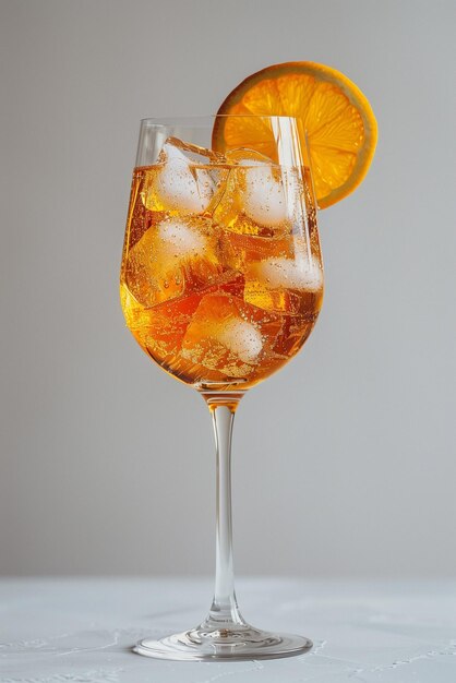 Foto aperol spritz cocktail com fatia de laranja na borda do copo de vinho em fundo branco