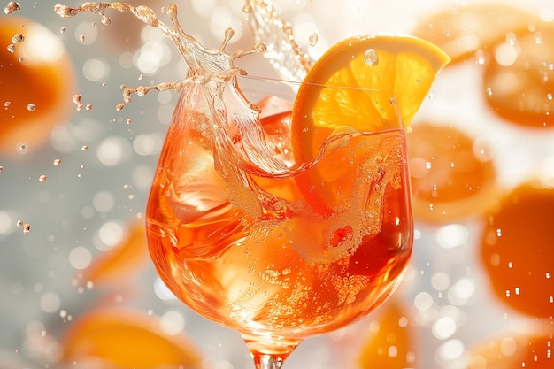 Foto aperol spritz cocktail com salpicos líquidos e fatias de laranja voando no ar
