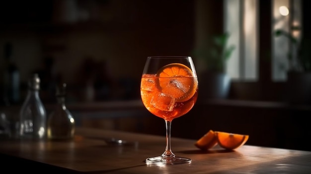 Aperol spritz cocktail em vidro na mesa de madeira Generative AI