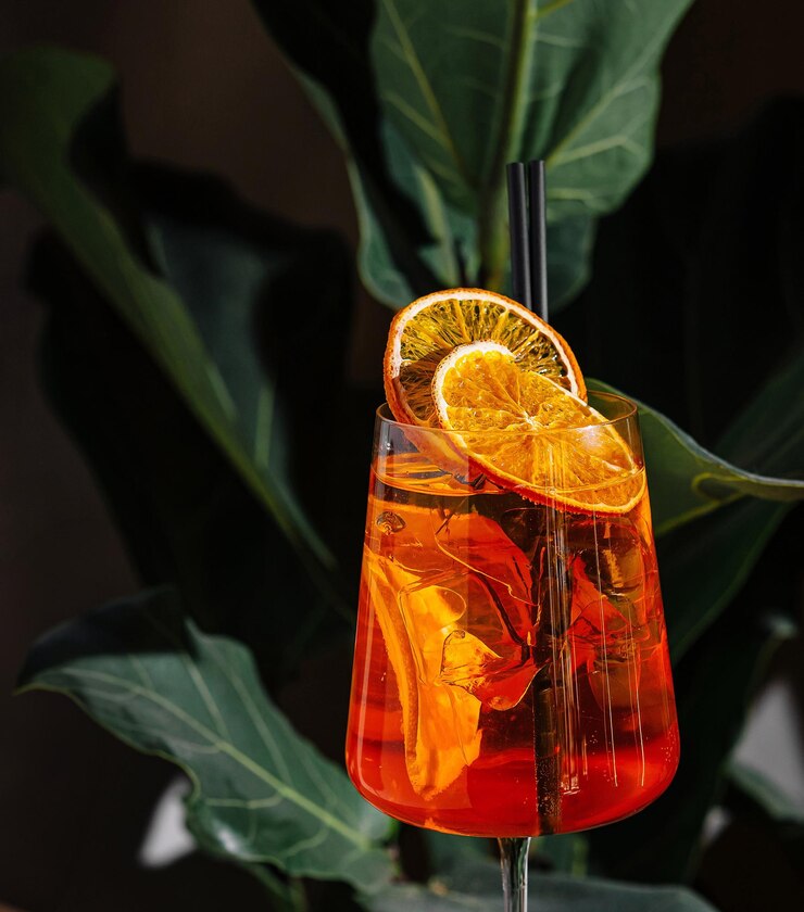 Aperol spritz cóctel de pie en el mostrador de la barra con plantas tropicales en el fondo