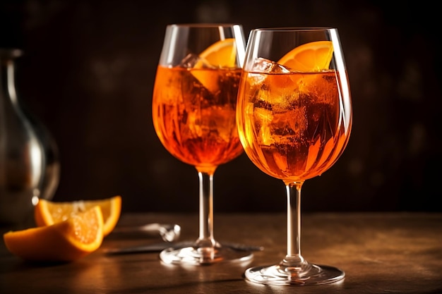 Aperol Spritz Dos vasos de cócteles de naranja y rojo sobre una mesa de madera