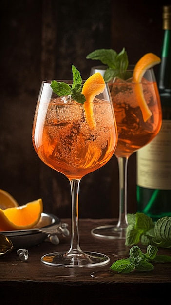 Aperol Spritz garniert mit frischen Minzblättern Generatives KI-Bild