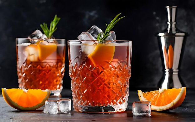 Aperol stpritz Cocktail mit Eiswürfeln und Orangenstücken auf schwarzem Hintergrund klassisches italienisches Aperitif-Getränk mit Cocktail-Zubehör