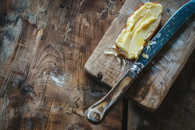 Aperta a manteiga na faca em uma mesa de madeira para encher o pão