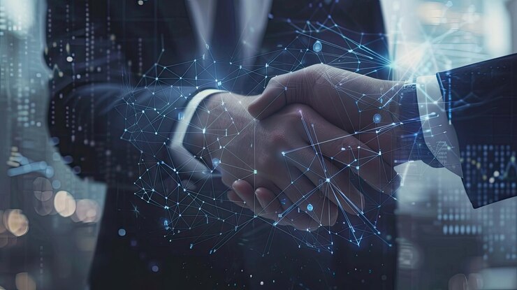 Apertar de mão de negócios com sobreposição de interface digital