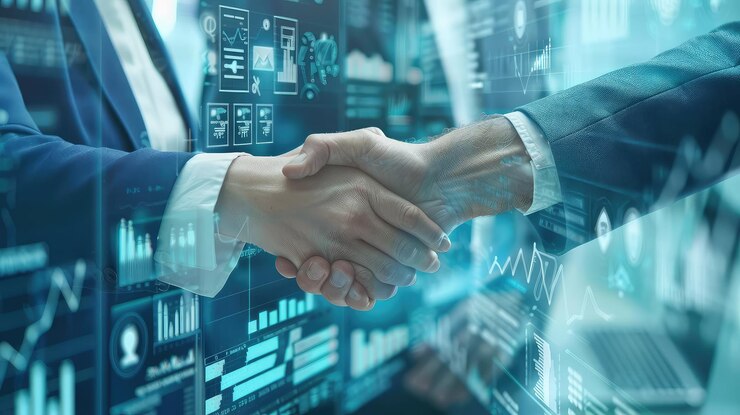 Apertar de mão de negócios com sobreposição de interface digital