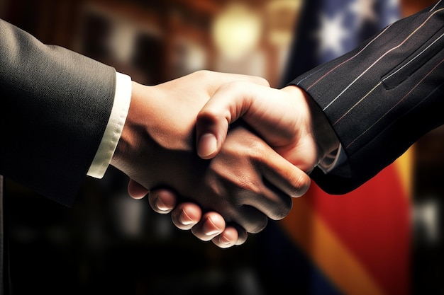 Foto apertar de mão entre o prefeito e um dignitário estrangeiro numa conferência internacional