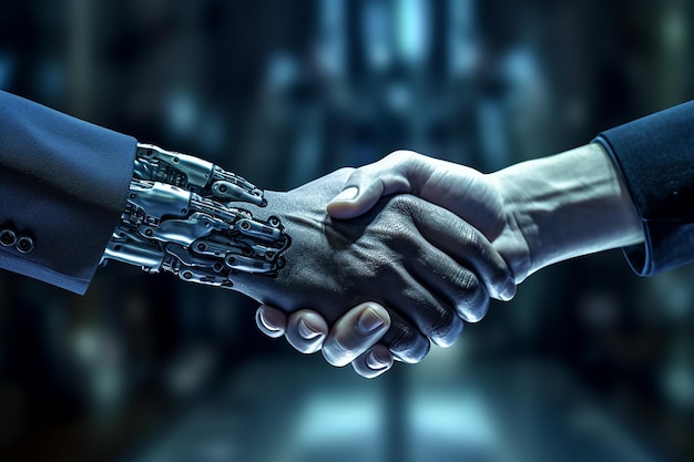 Apertar de mão entre robô de IA e humano como um símbolo de cooperação para ajudar o trabalho humano a ser mais rápido