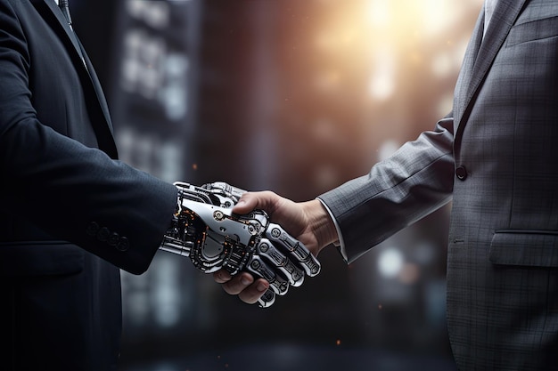 Aperto de mão comercial entre robôs e parceiros ou amigos humanos Mãos close-up Humano e robô aperto de mão símbolo de relação comercial
