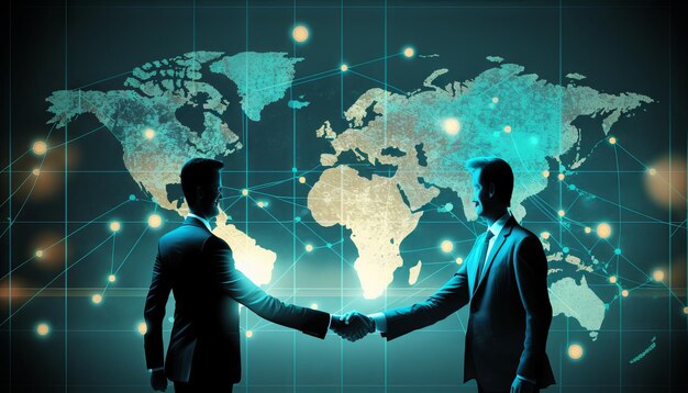 Aperto de mão do investidor de dois empresários com conexão de link de rede de mapa mundial global de efeito Generative ai