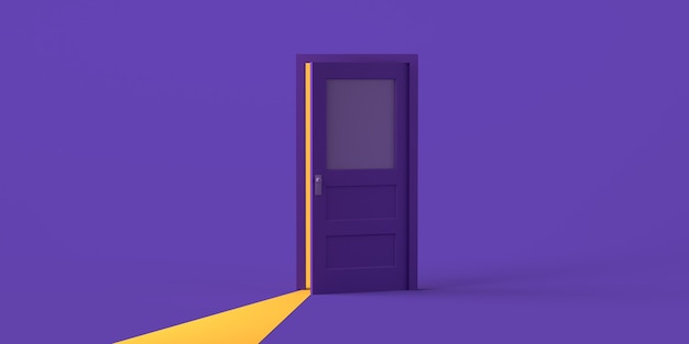 Apertura de puerta con luz sobre fondo morado. Copie el espacio. Ilustración 3D.