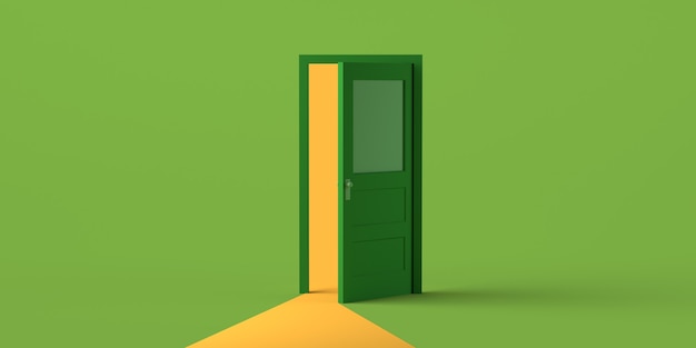 Apertura de puerta con luz sobre fondo verde. Copie el espacio. Ilustración 3D.