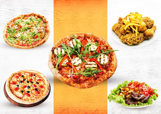 Apetecible collage de comida pizza pollo frito y ensalada sobre un fondo de madera rústica