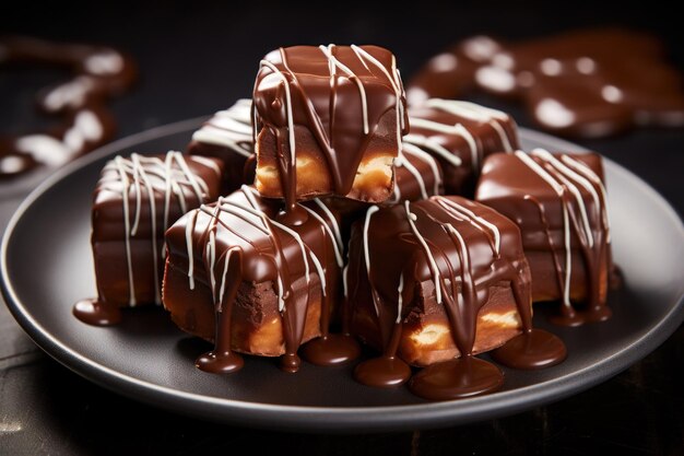 Apetecible croissant de cubo fresco con chocolate sobre un fondo negro