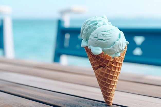 Apetecible helado azul derretido con cono de waffle colocado en una barandilla blanca contra