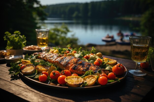 Apetecible pescado a la parrilla con verduras a la grilla