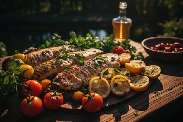 Apetecible pescado a la parrilla con verduras a la grilla