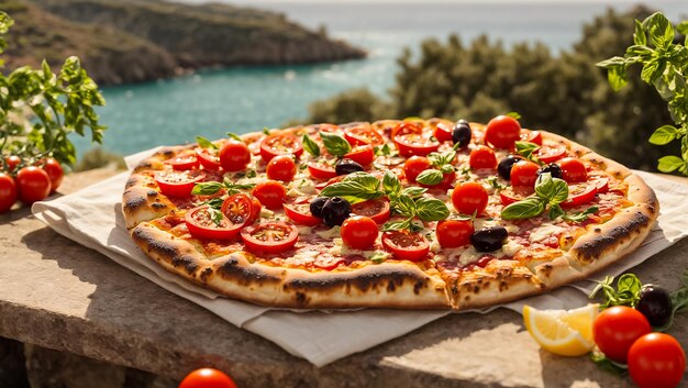 Apetecible pizza con tomates aceitunas albahaca en la orilla del mar