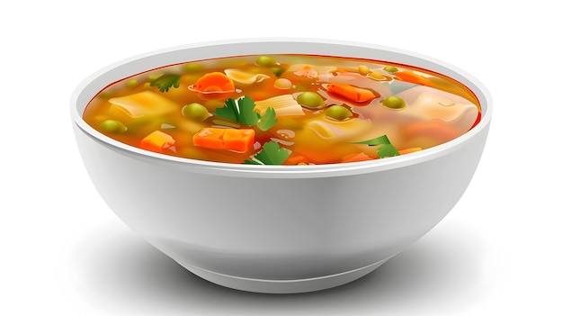 Apetecible tazón de sabrosa sopa de verduras sobre un fondo blanco sencillo
