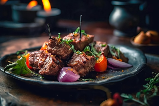 Apetitivo pincho de carne a la parrilla shish kebab con verduras sobre tabla de madera Buena comida