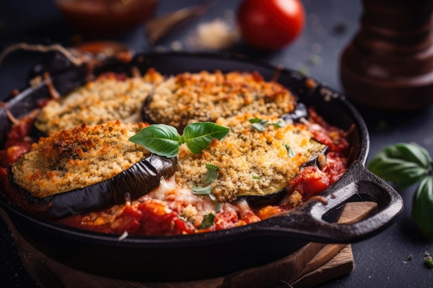 Apetitosa berinjela parmesão com crosta crocante de pão ralado e rico molho marinara