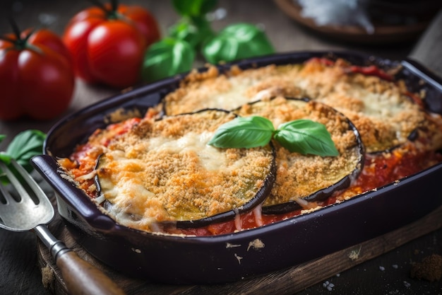 Apetitosa berinjela parmesão com crosta crocante de pão ralado e rico molho marinara