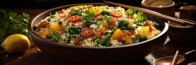 una apetitosa exhibición de un colorido plato de arroz con una variedad de verduras