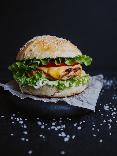 Apetitosa hamburguesa, con chuleta de pollo, lechuga, tomate, queso y salsa