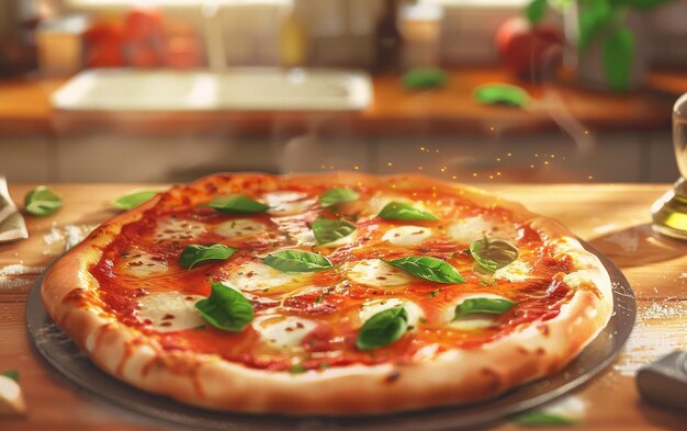 Una apetitosa pizza Margherita con hojas de albahaca vibrantes servida fresca del horno con un ambiente cálido y hogareño el queso se derrite a la perfección invitando a un bocado