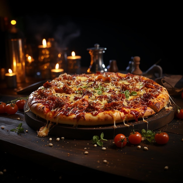 Apetitosa pizza suculenta com salsicha, cogumelos, tomate e queijo encontra-se sobre uma mesa de madeira