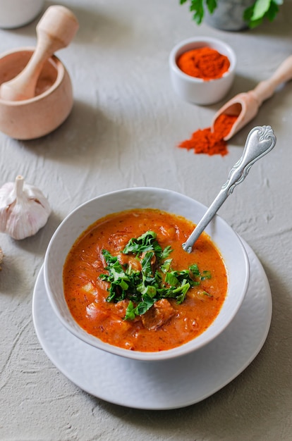 Apetitosa sopa de pimentón. Cocina nacional húngara.