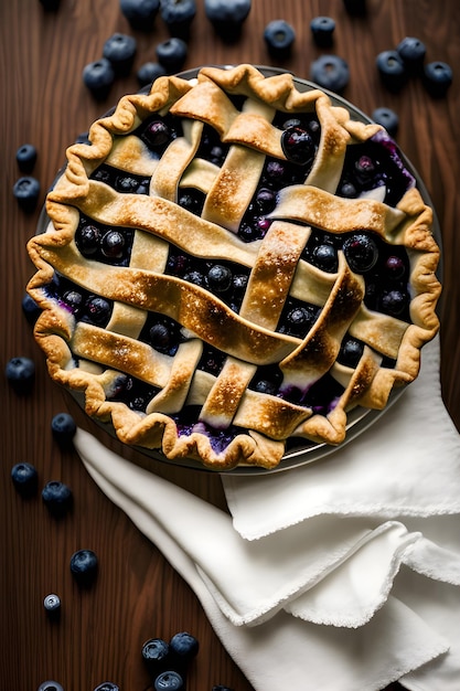 Apetitosa torta de mirtilo deliciosa em fundo de madeira flatlay