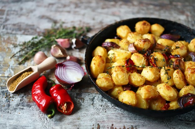 Apetitosas batatas assadas inteiras em uma panela. Batata assada rústica com alho, ervas e especiarias.