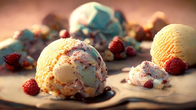 Apetitosas bolas de helado de chocolate y vainilla