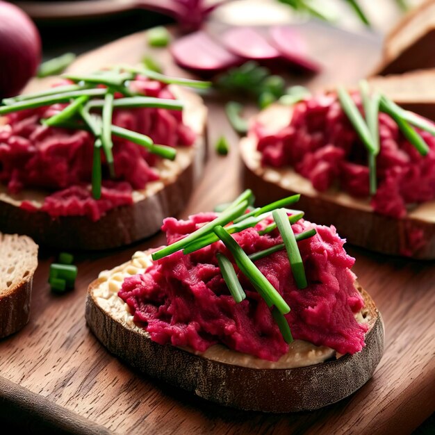 Foto apetitosas bruschettas de pan de centeno con hummus de remolacha y cebollino sobre una tabla para cortar