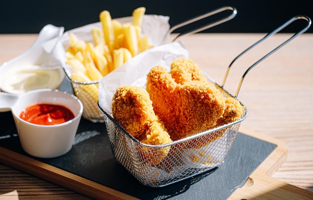 Apetitosas y calientes alitas de pollo en un rebozado aireado y crujiente con diferentes salsas